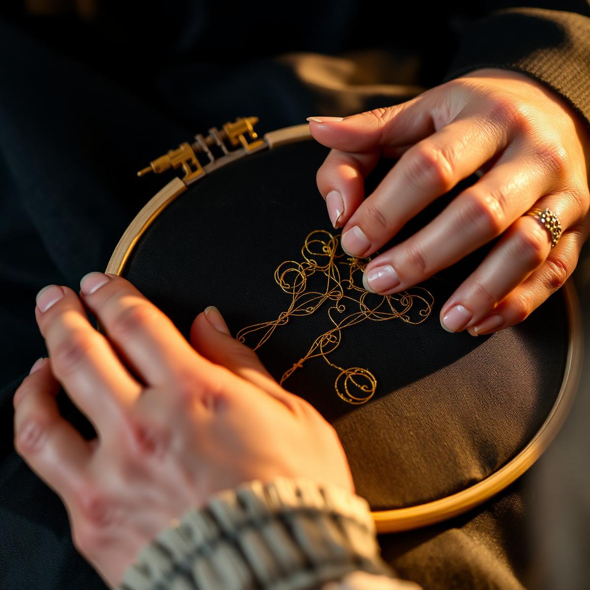 Hand embroidery in gold thread